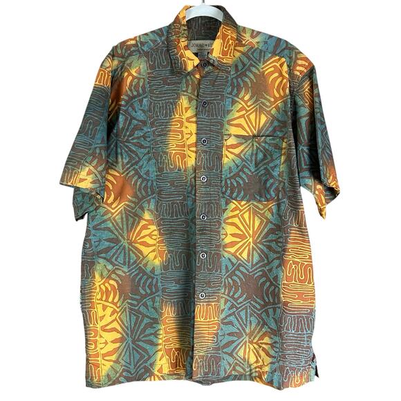 Johari West Shirt Men Sze L Teal Yellow Multi Batik Geometric Hawaiian Button Up - Picture 1 of 8